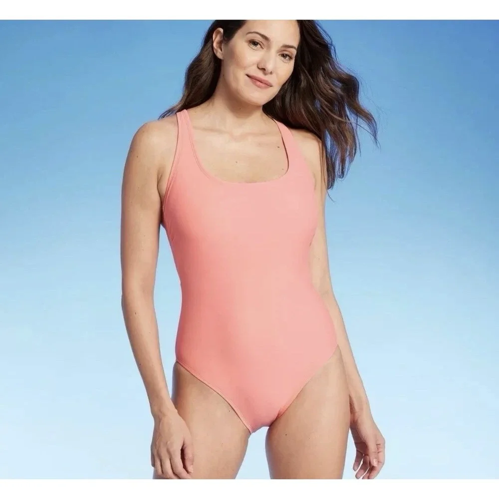 Kona Sol Medium Coverage Racerback One Piece Swimsuit Womens L 12-14 Coral Pink